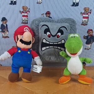 Lot 3 Nintendo Super Mario Bros Plush Stuffed Toys Mario 10" Yoshi 8" Thwomp 8"